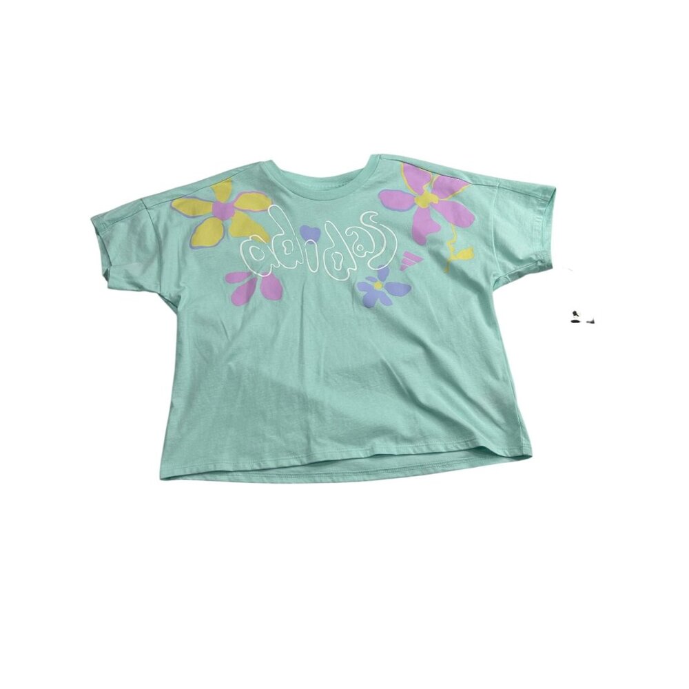 Adidas Girls Loose Fit Aqua T-Shirt With Floral Graphic Size L (14) Casual Style